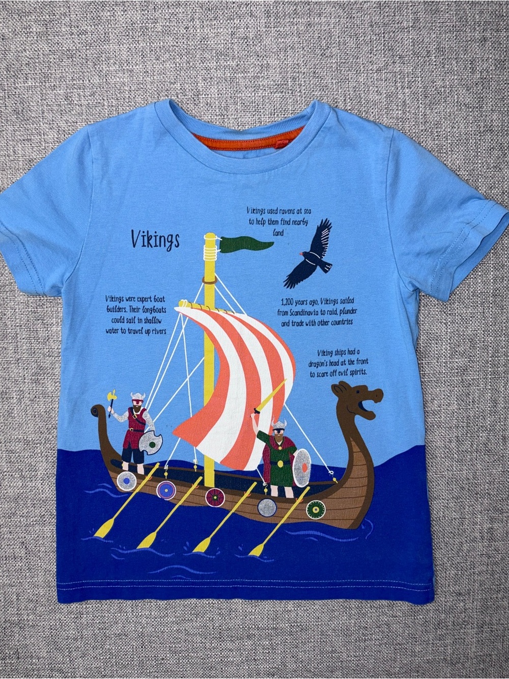 Boden Light Blue Viking Ship Graphic Tee with Red & White Sail
